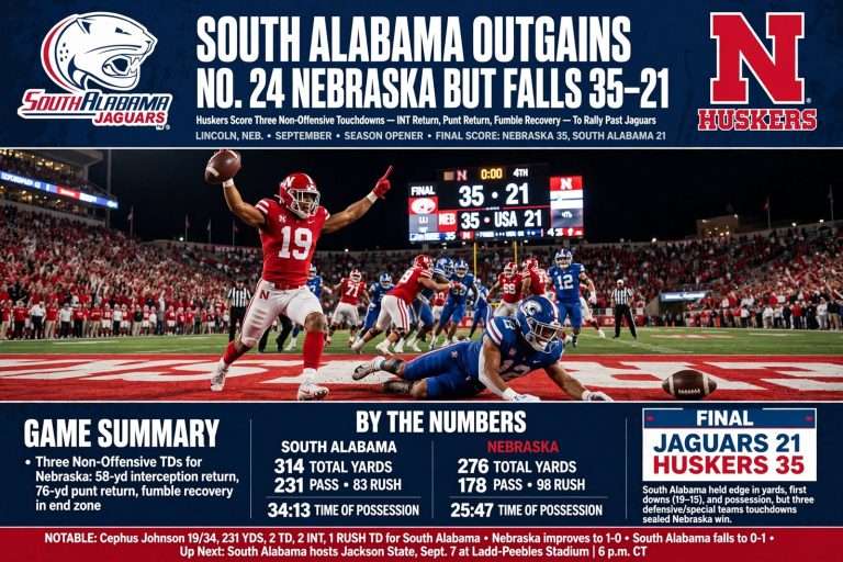 Illustration for the news story: South Alabama Outgains No. 24 Nebraska but Falls 35-21 as Huskers Score Three Non-Offensive Touchdowns