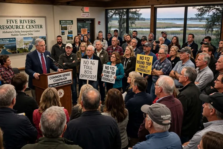 Illustration for the news story: Standing room only at public meeting on Mobile River Bridge toll