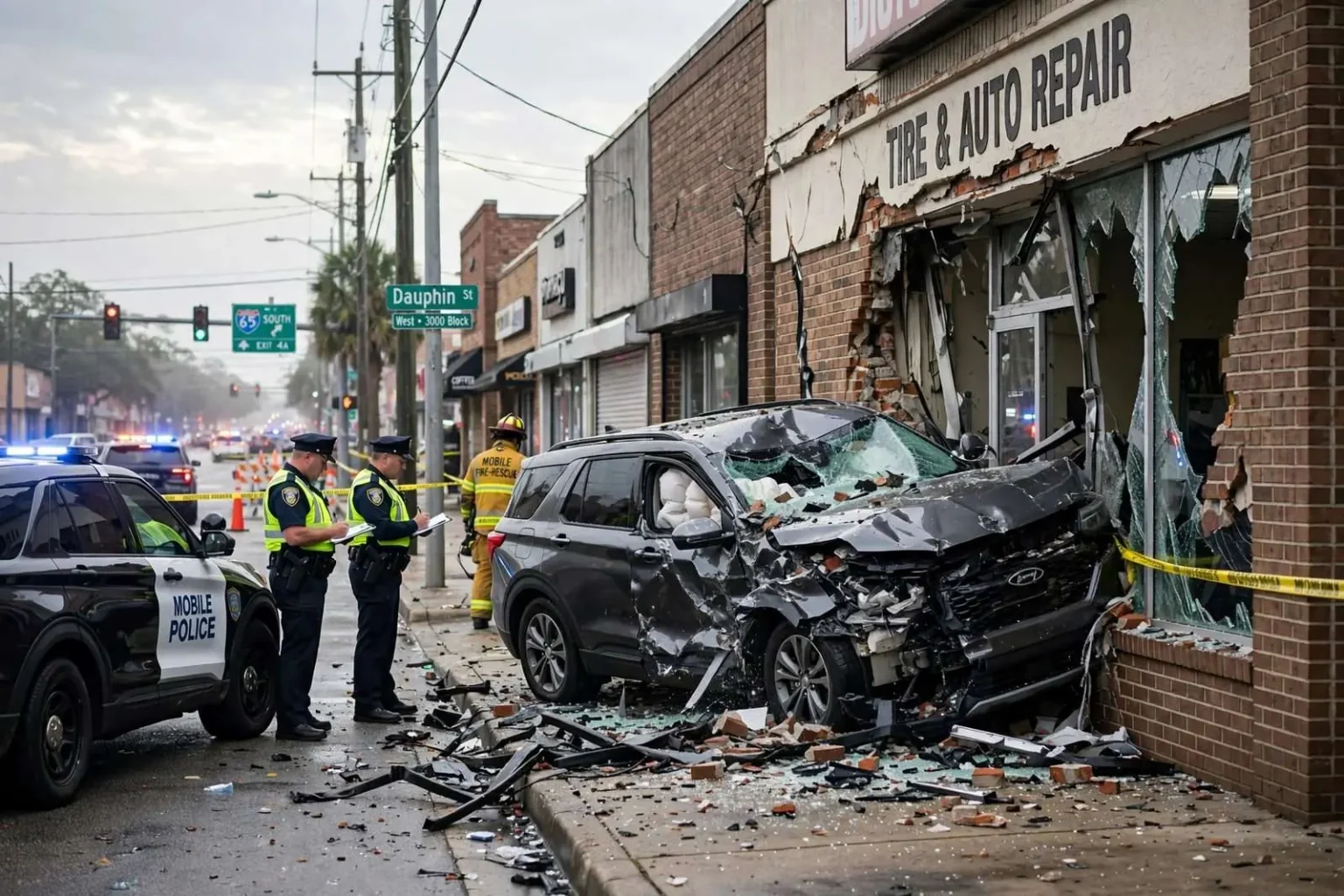 Illustration for the news story: SUV crashes into building on Dauphin Street in Mobile