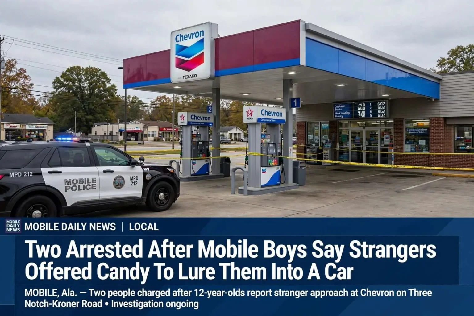 Illustration for the news story: Two Arrested After Mobile Boys Say Strangers Offered Candy To Lure Them Into A Car