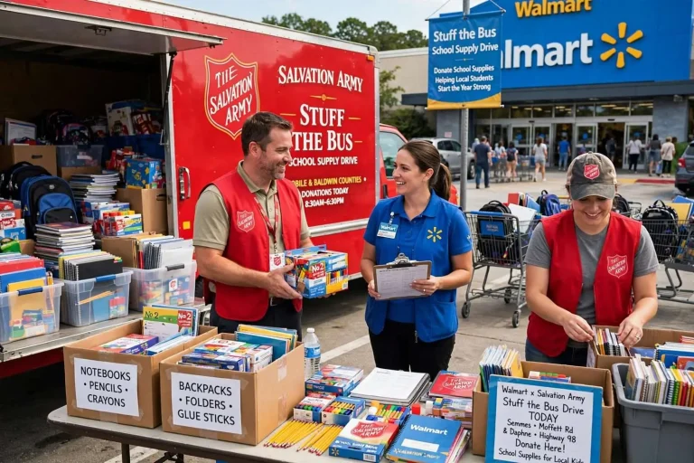 Illustration for the news story: Walmart and Salvation Army Team Up for Stuff the Bus School Supply Drive in Mobile and Baldwin Counties