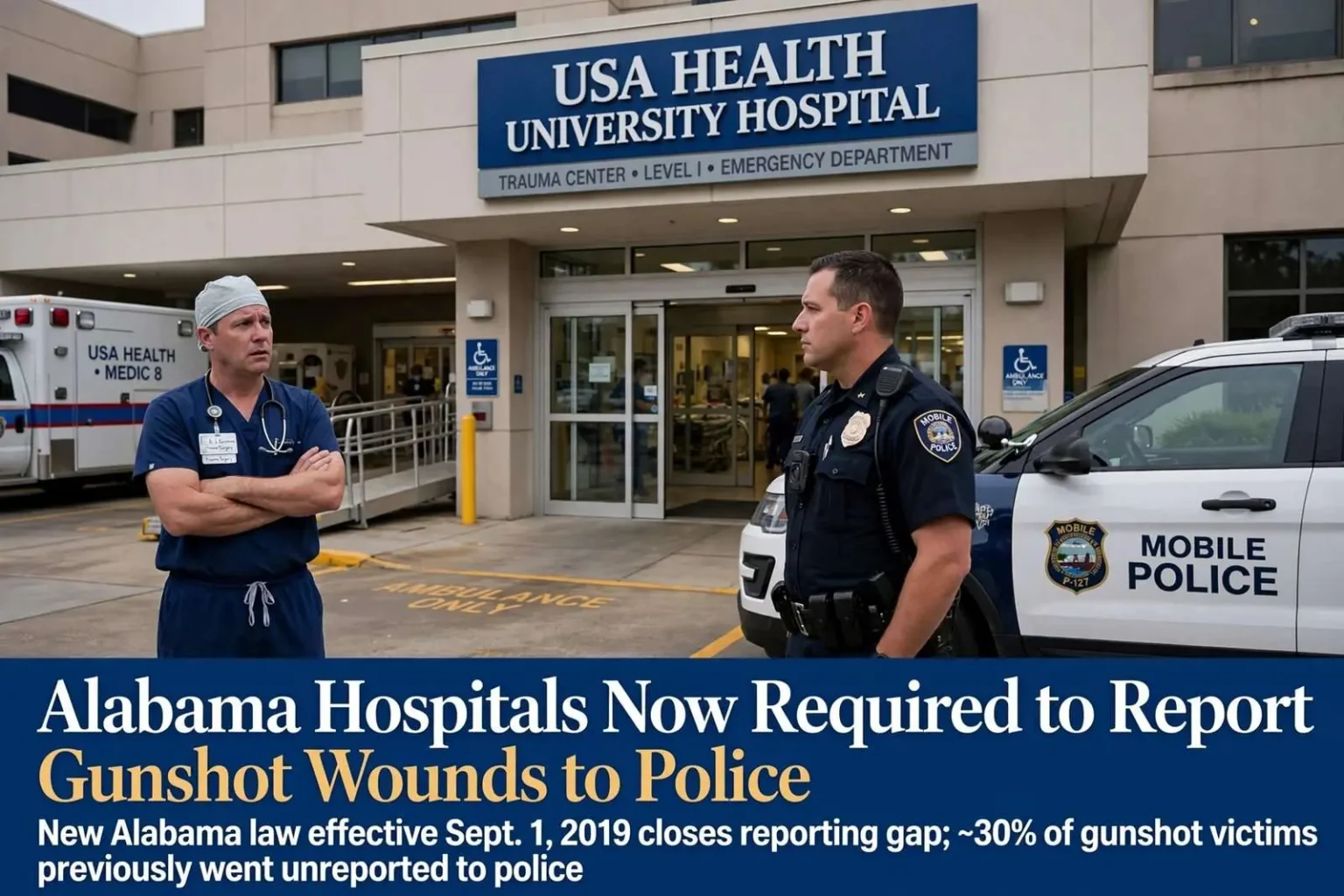 Illustration for the news story: Alabama Hospitals Now Required to Report Gunshot Wounds to Police