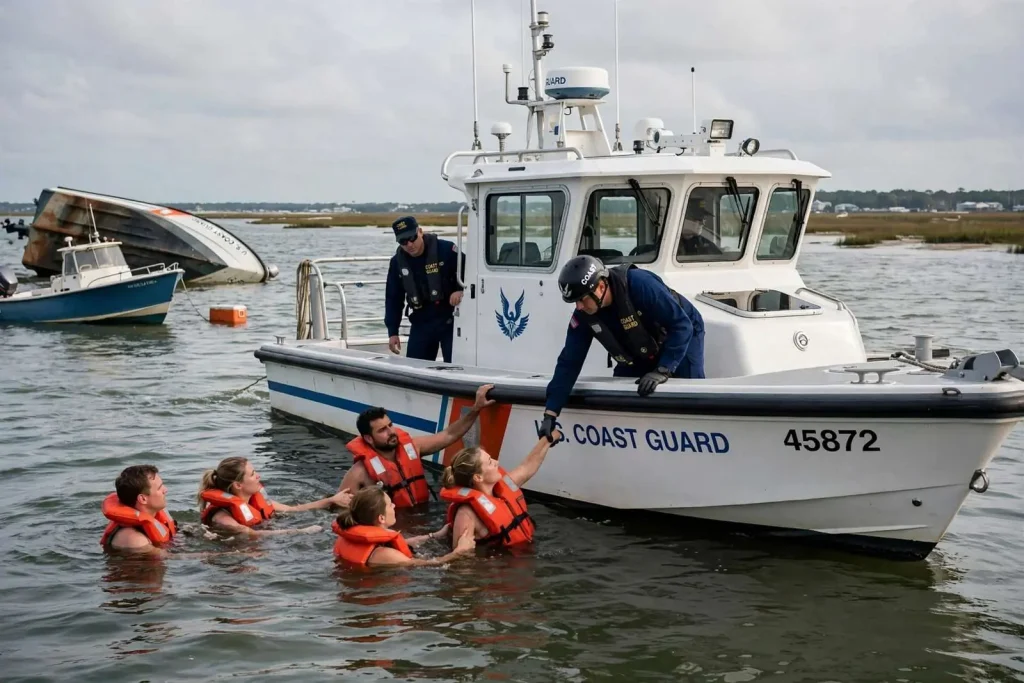 Illustration for the news story: Coast Guard Rescues Five After Vessel Capsizes in Mississippi Sound Off Gulfport