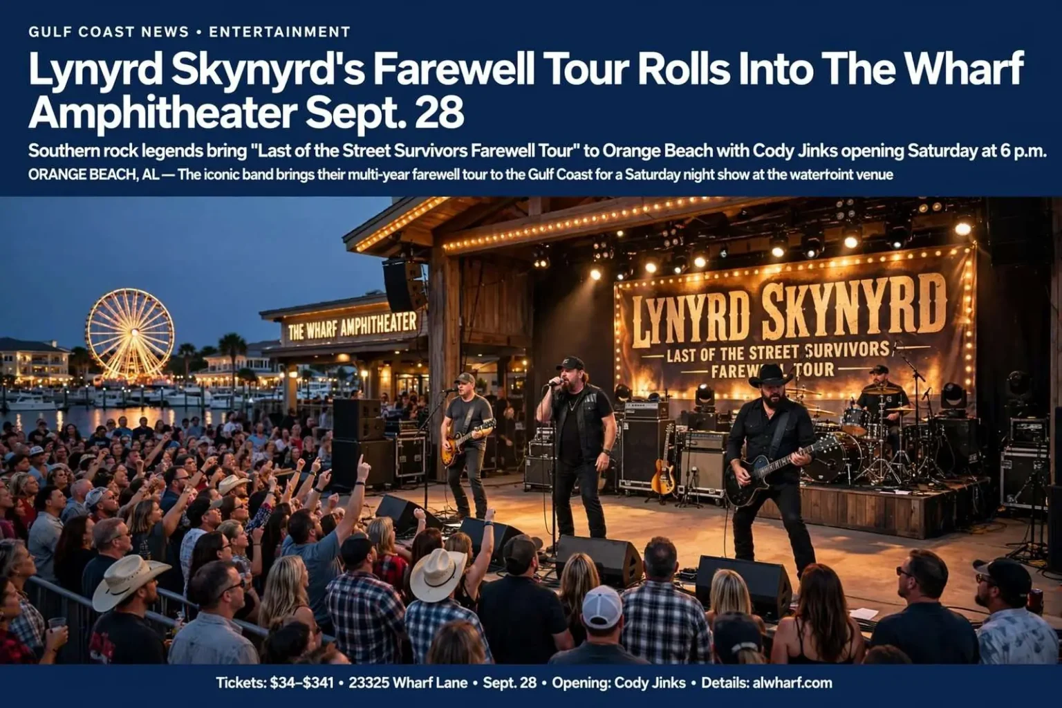 Illustration for the news story: Lynyrd Skynyrd’s Farewell Tour Rolls Into The Wharf Amphitheater Sept. 28