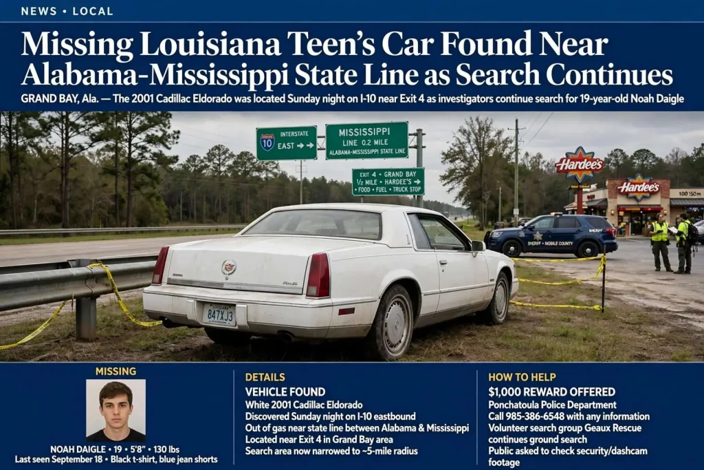 Illustration for the news story: Missing Louisiana Teen’s Car Found Near Alabama-Mississippi State Line as Search Continues