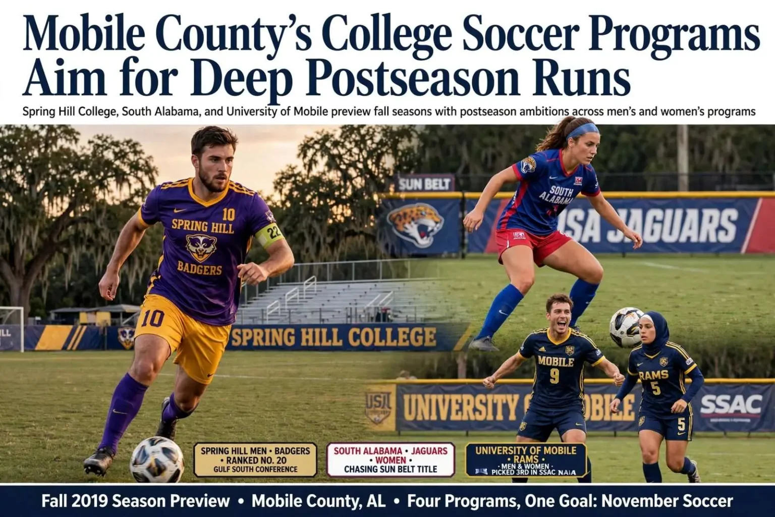 Illustration for the news story: Mobile County’s College Soccer Programs Aim for Deep Postseason Runs
