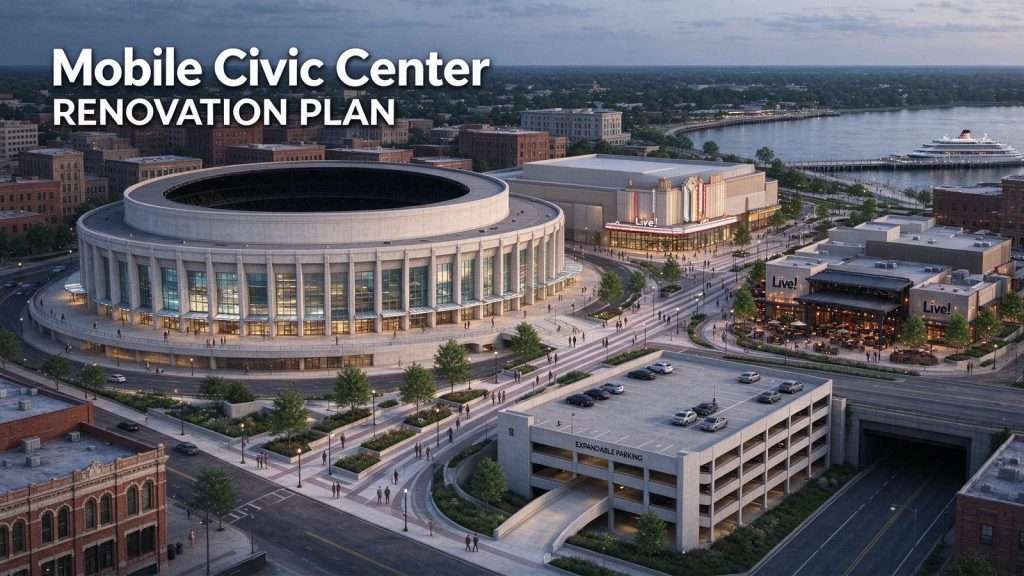 Illustration for the news story: Mobile Mayor Stimpson Unveils Alternative Civic Center Plan Featuring Arena Renovation