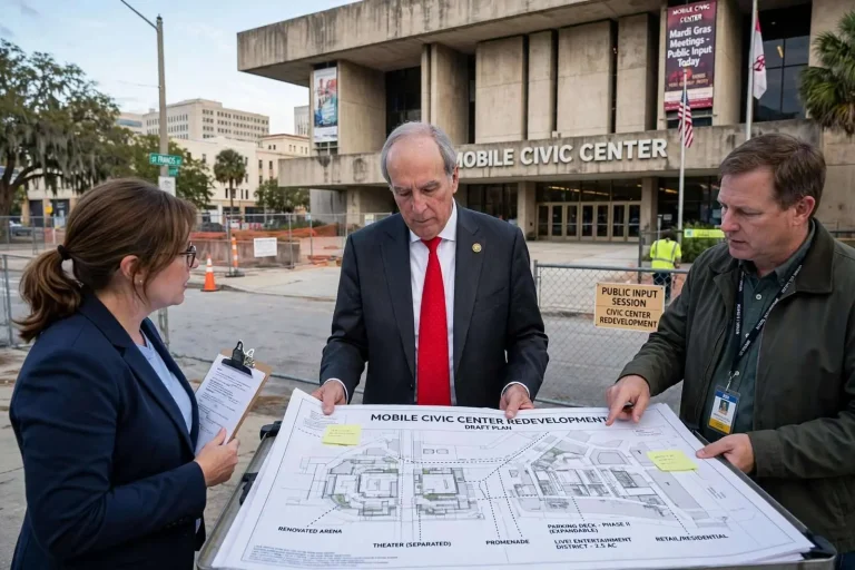 Illustration for the news story: Mobile Mayor Weighs New Options for Civic Center Site as Residents, Council Push Back