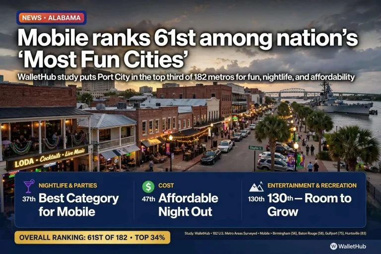 Illustration for the news story: Mobile ranks 61st among nation’s ‘Most Fun Cities’