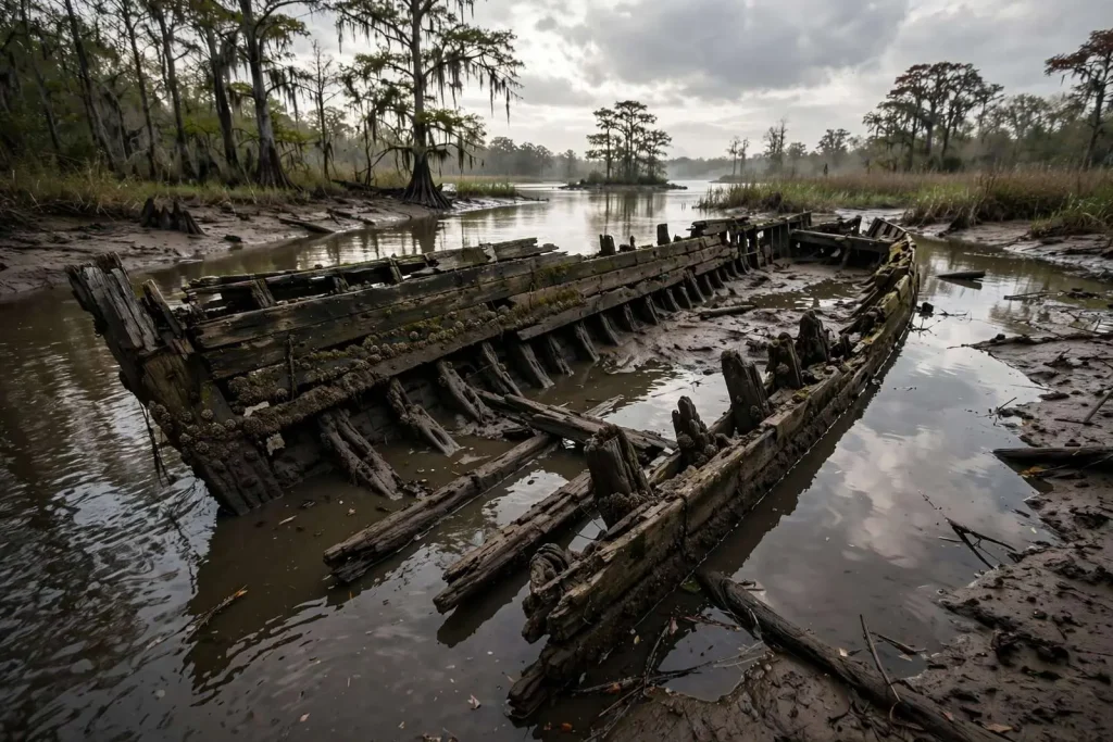 Illustration for the news story: No one claims the Clotilda, last known U.S. slave ship, clearing path for state