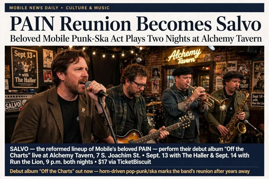 Illustration for the news story: PAIN Reunion Becomes Salvo: Beloved Mobile Punk-Ska Act Plays Two Nights at Alchemy Tavern