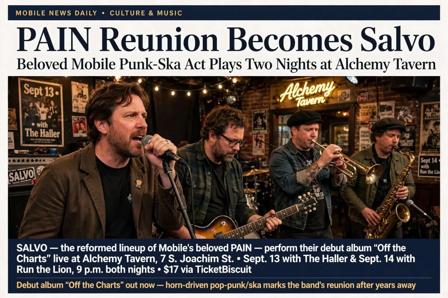 Illustration for the news story: PAIN Reunion Becomes Salvo: Beloved Mobile Punk-Ska Act Plays Two Nights at Alchemy Tavern