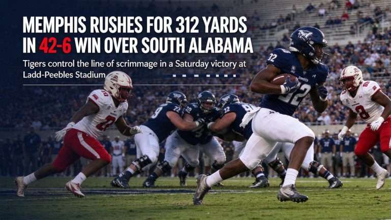 Illustration for the news story: Memphis Rushes for 312 Yards in 42-6 Win Over South Alabama at Ladd-Peebles Stadium