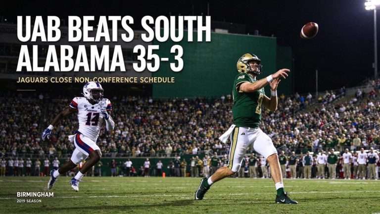 Illustration for the news story: UAB Beats South Alabama 35-3 in Birmingham as Jaguars Close Non-Conference Schedule