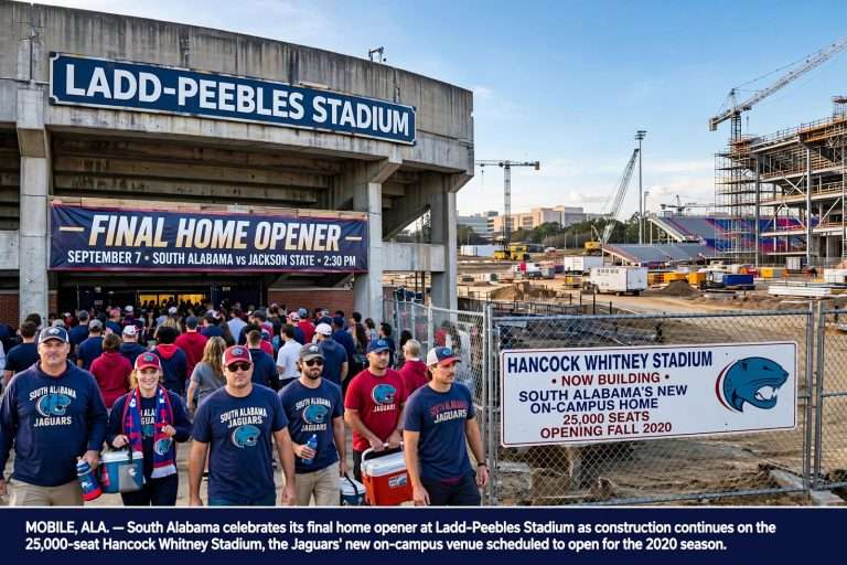 Illustration for the news story: South Alabama Plays Final Home Opener at Ladd-Peebles as On-Campus Stadium Rises