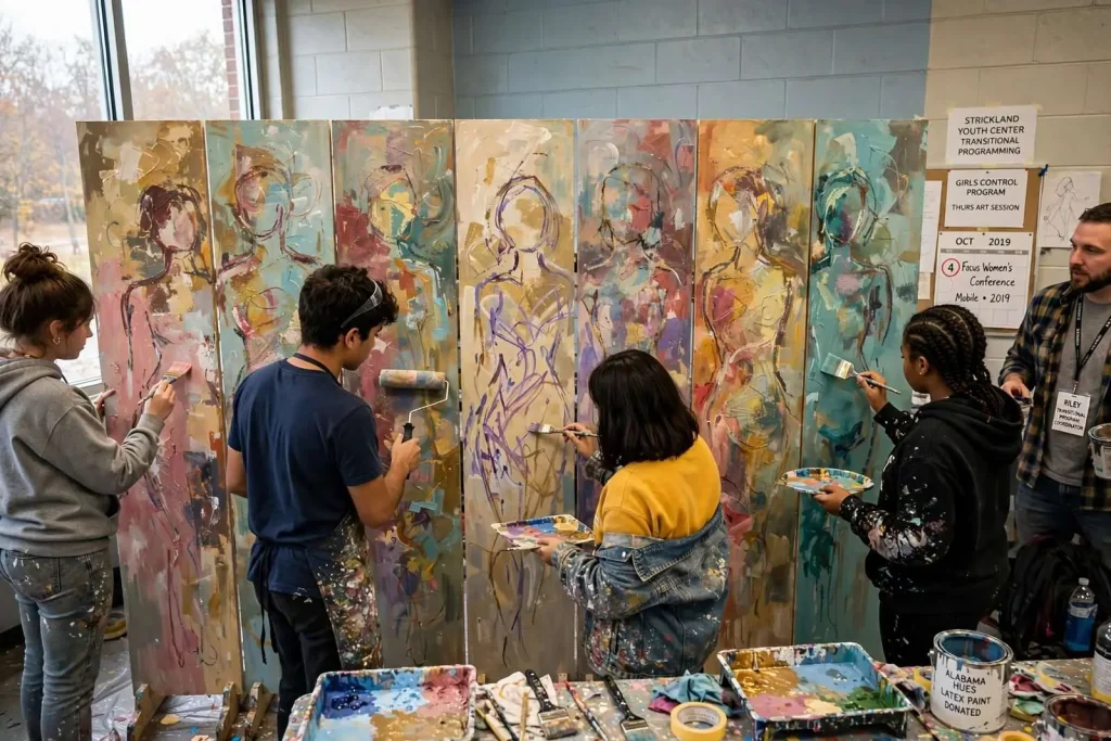 Illustration for the news story: Strickland Youth Center Teens Paint Backdrop for Elizabeth Smart’s Mobile Keynote