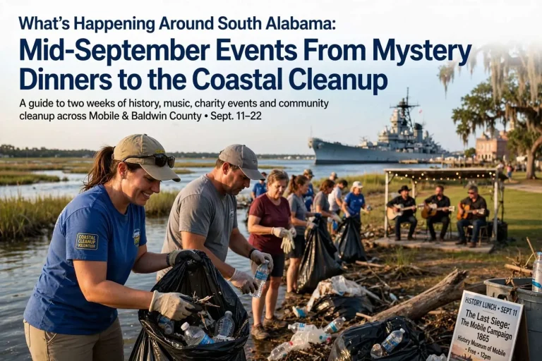 Illustration for the news story: What’s Happening Around South Alabama: Mid-September Events From Mystery Dinners to the Coastal Cleanup