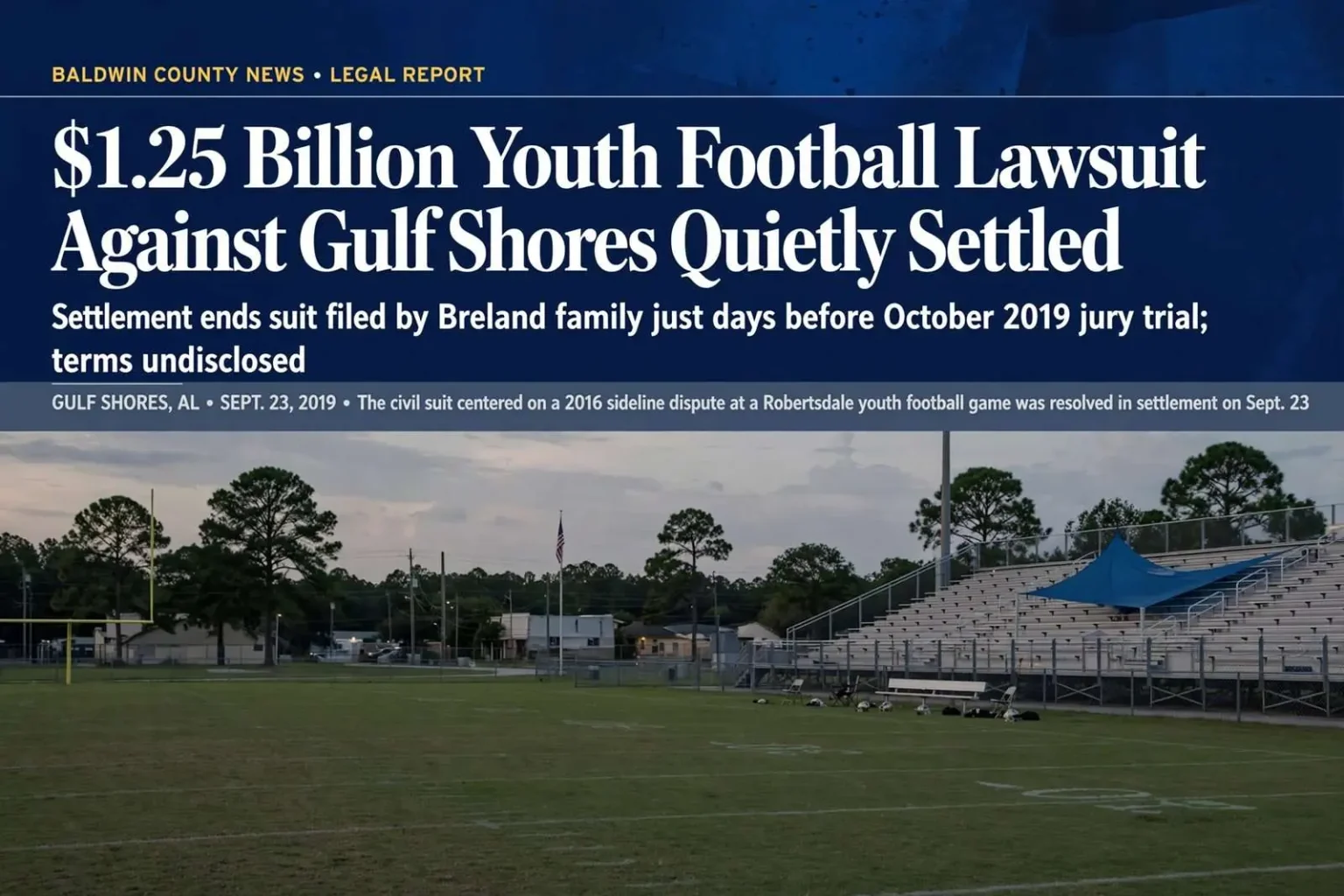 Illustration for the news story: $1.25 Billion Youth Football Lawsuit Against Gulf Shores Quietly Settled