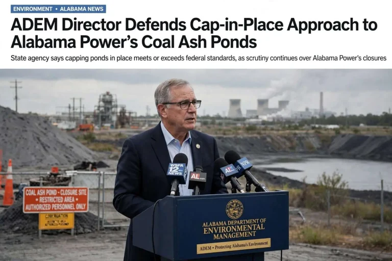 Illustration for the news story: ADEM Director Defends Cap-in-Place Approach to Alabama Power’s Coal Ash Ponds