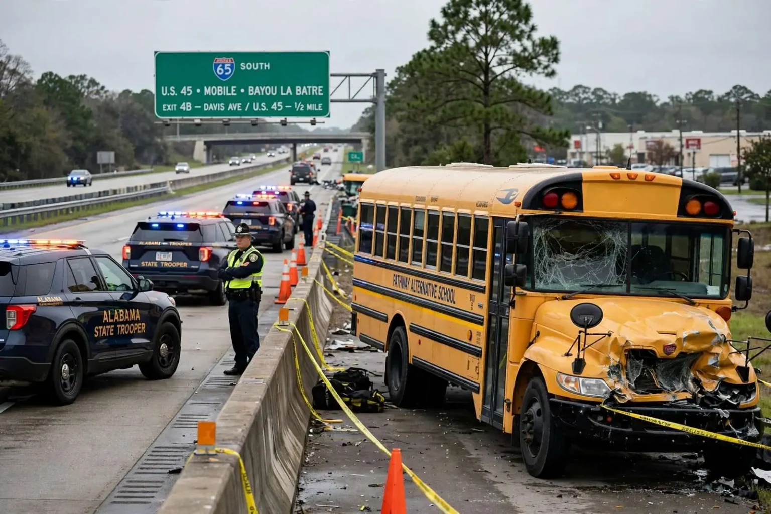 Illustration for the news story: Bond Set at $30,000 for Driver Charged in Crash That Killed Mobile School Bus Driver