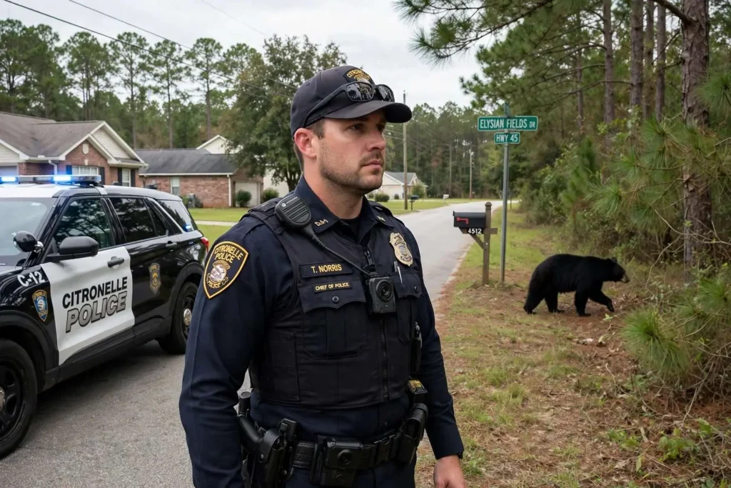 Illustration for the news story: Citronelle Police Chief Crosses Paths With Black Bear Near Saraland