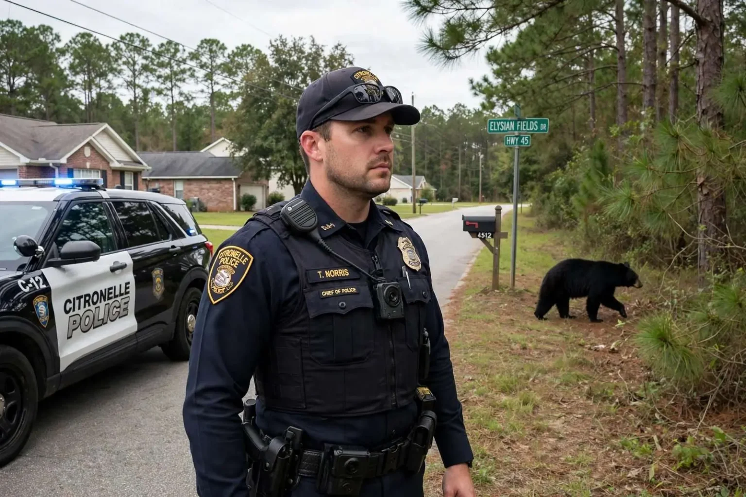 Illustration for the news story: Citronelle Police Chief Crosses Paths With Black Bear Near Saraland