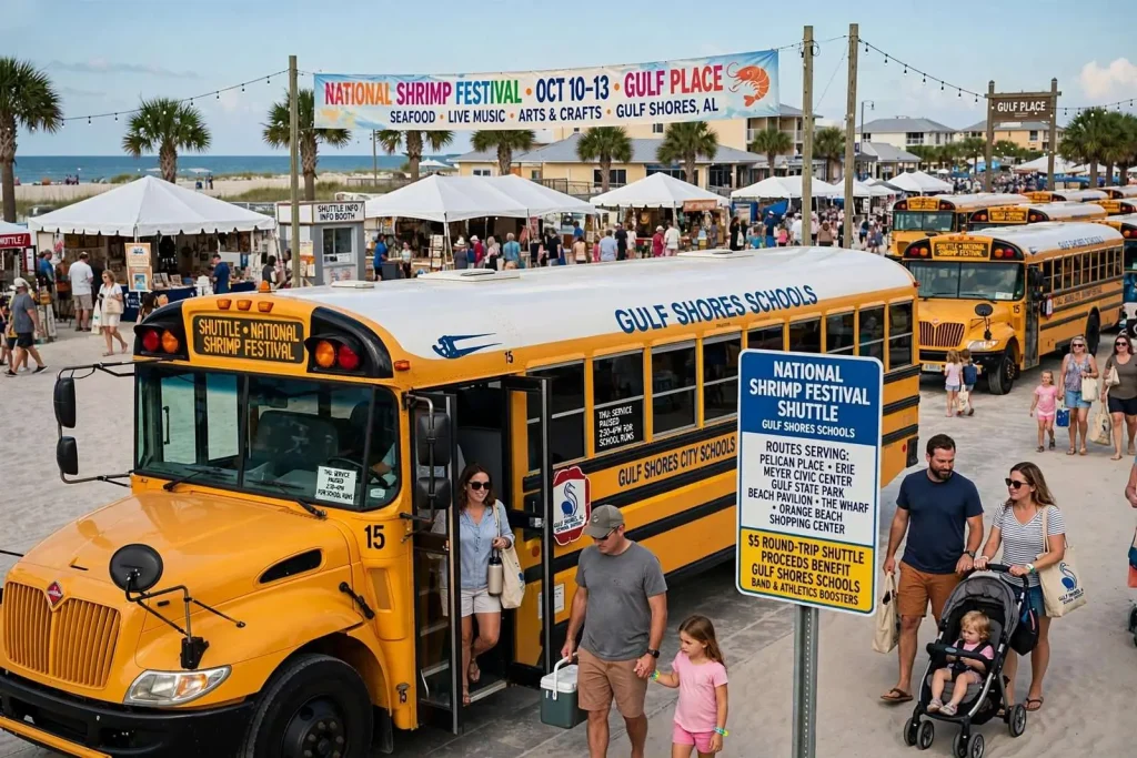 Illustration for the news story: Gulf Shores School Buses to Shuttle Visitors to National Shrimp Festival