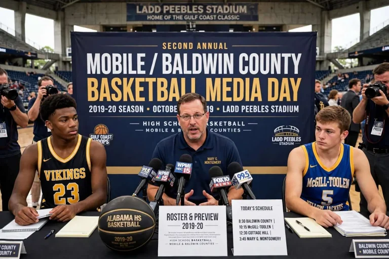 Illustration for the news story: Mobile and Baldwin County Hoops Programs Face the Press at Second Annual Basketball Media Day