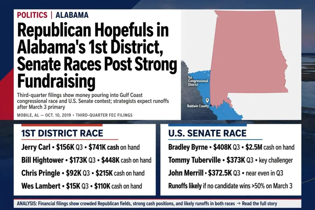 Illustration for the news story: Republican hopefuls in Alabama’s 1st District, Senate races post strong fundraising