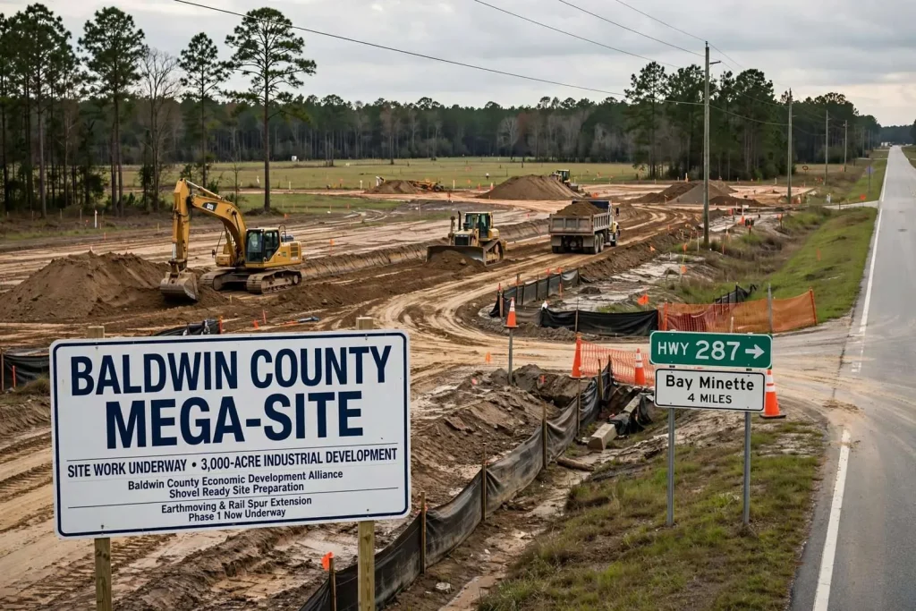 Illustration for the news story: Site Work Underway on Baldwin County Mega-Site Near Bay Minette