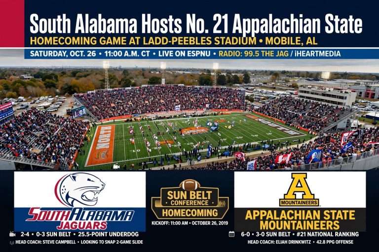 Illustration for the news story: South Alabama Hosts No. 21 Appalachian State in Homecoming Game at Ladd-Peebles Stadium