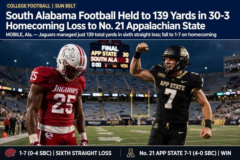 Illustration for the news story: South Alabama Football Held to 139 Yards in 30-3 Homecoming Loss to No. 21 Appalachian State