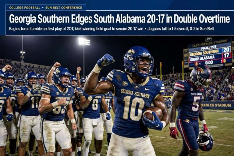 Illustration for the news story: Georgia Southern Edges South Alabama 20-17 in Double Overtime