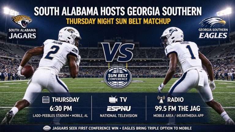 Illustration for the news story: South Alabama Hosts Georgia Southern in Thursday Night Sun Belt Matchup