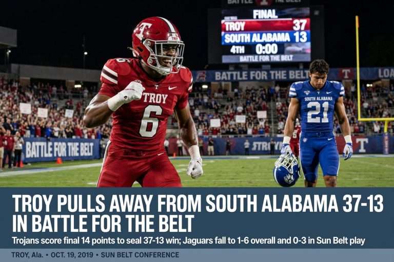 Illustration for the news story: Troy Pulls Away From South Alabama 37-13 in Battle for the Belt