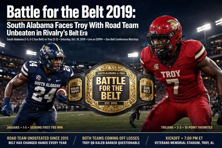 Illustration for the news story: Battle for the Belt 2019: South Alabama Faces Troy With Road Team Unbeaten in Rivalry’s Belt Era