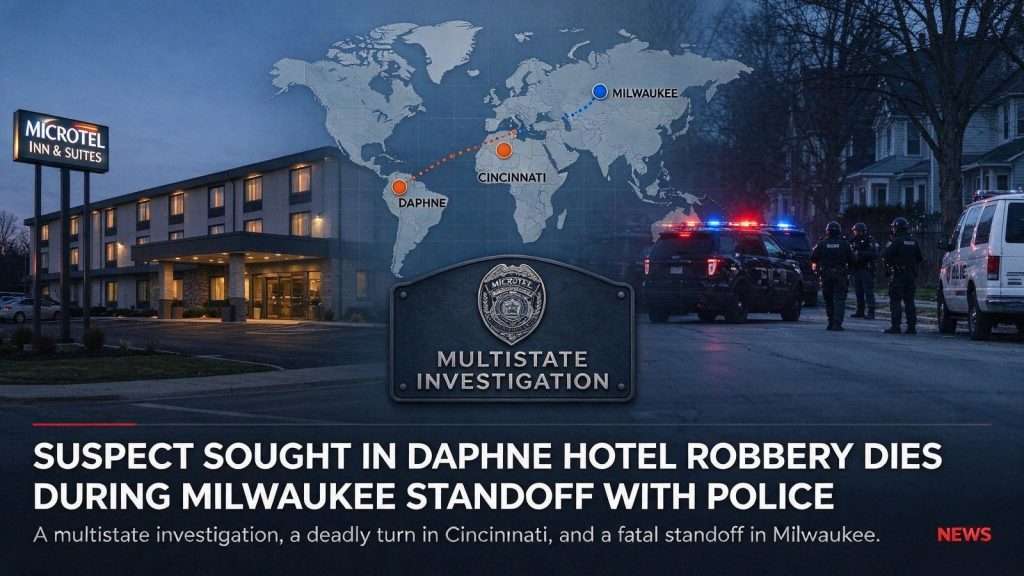 Illustration for the news story: Suspect Sought in Daphne Hotel Robbery Dies During Milwaukee Standoff With Police
