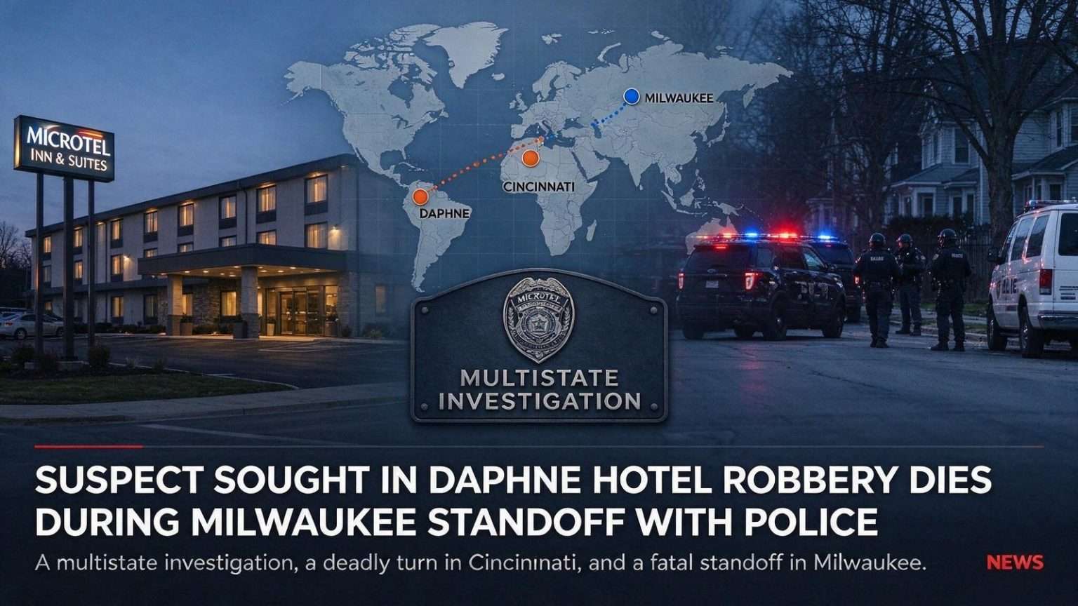 Illustration for the news story: Suspect Sought in Daphne Hotel Robbery Dies During Milwaukee Standoff With Police