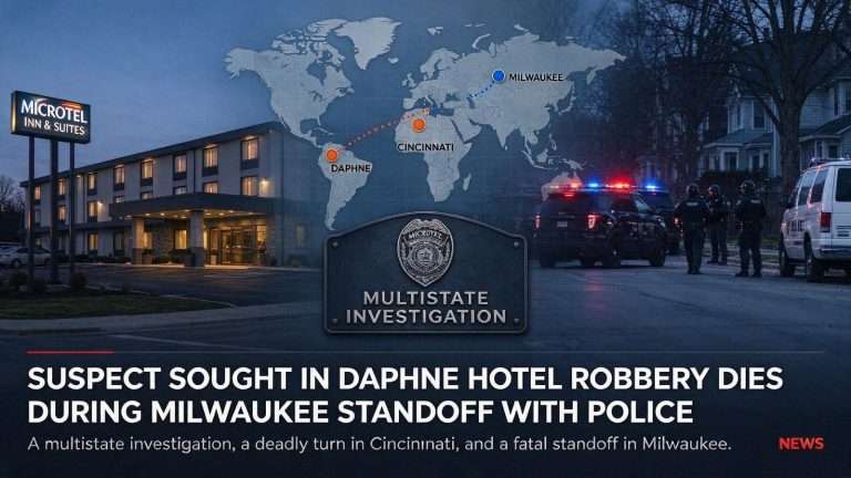Illustration for the news story: Suspect Sought in Daphne Hotel Robbery Dies During Milwaukee Standoff With Police