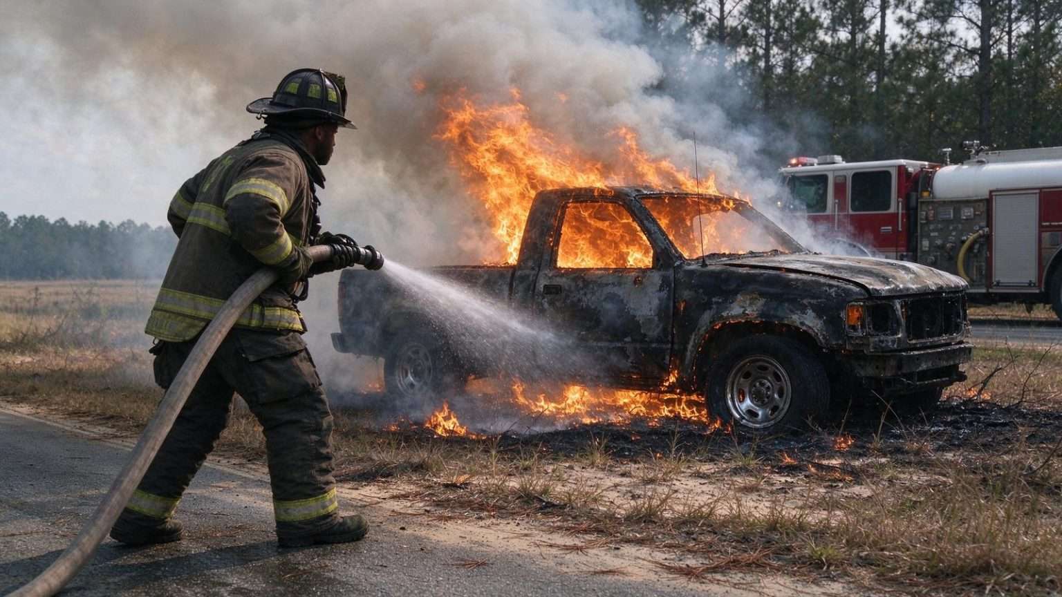 Illustration for the news story: Theodore Firefighter’s Truck-Fire Video a Warning as Dry Conditions Persist