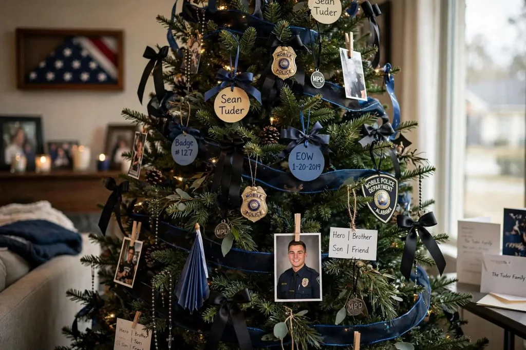 Illustration for the news story: A Christmas Tree Covered in Mementos Keeps Officer Sean Tuder’s Memory Alive