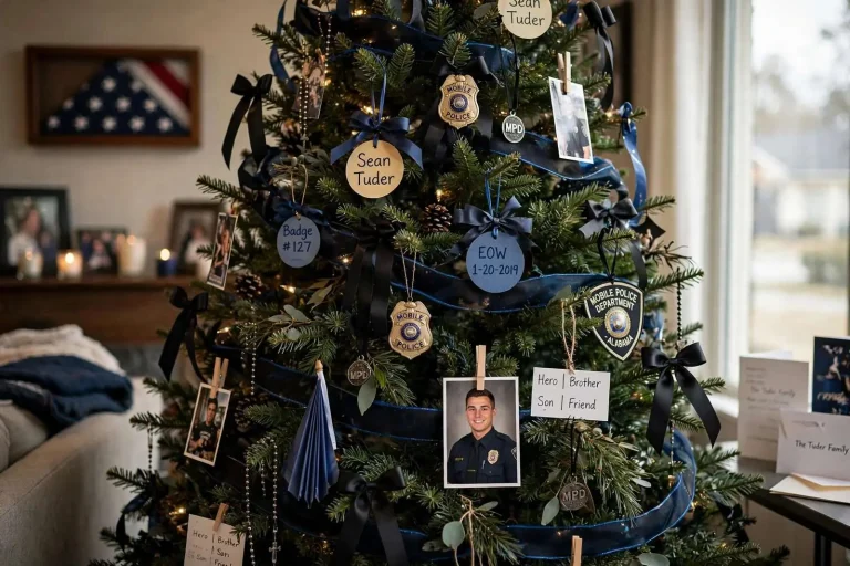 Illustration for the news story: A Christmas Tree Covered in Mementos Keeps Officer Sean Tuder’s Memory Alive