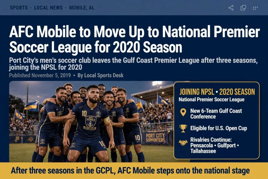 Illustration for the news story: AFC Mobile to Move Up to National Premier Soccer League for 2020 Season