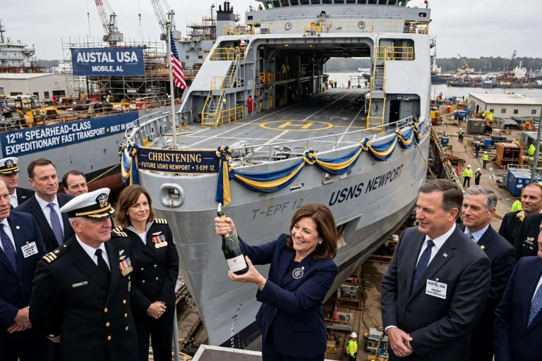 Illustration for the news story: Austal to Christen Future USNS Newport, Its 12th Expeditionary Fast Transport, in Mobile