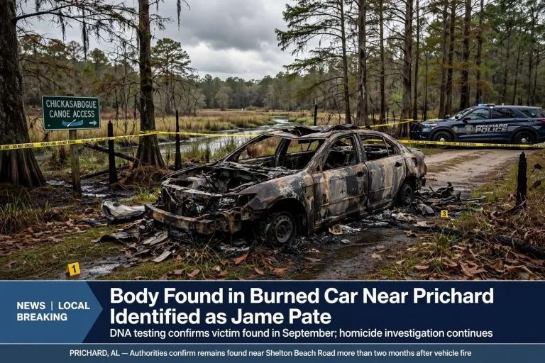 Illustration for the news story: Body Found in Burned Car Near Prichard Identified as Jame Pate