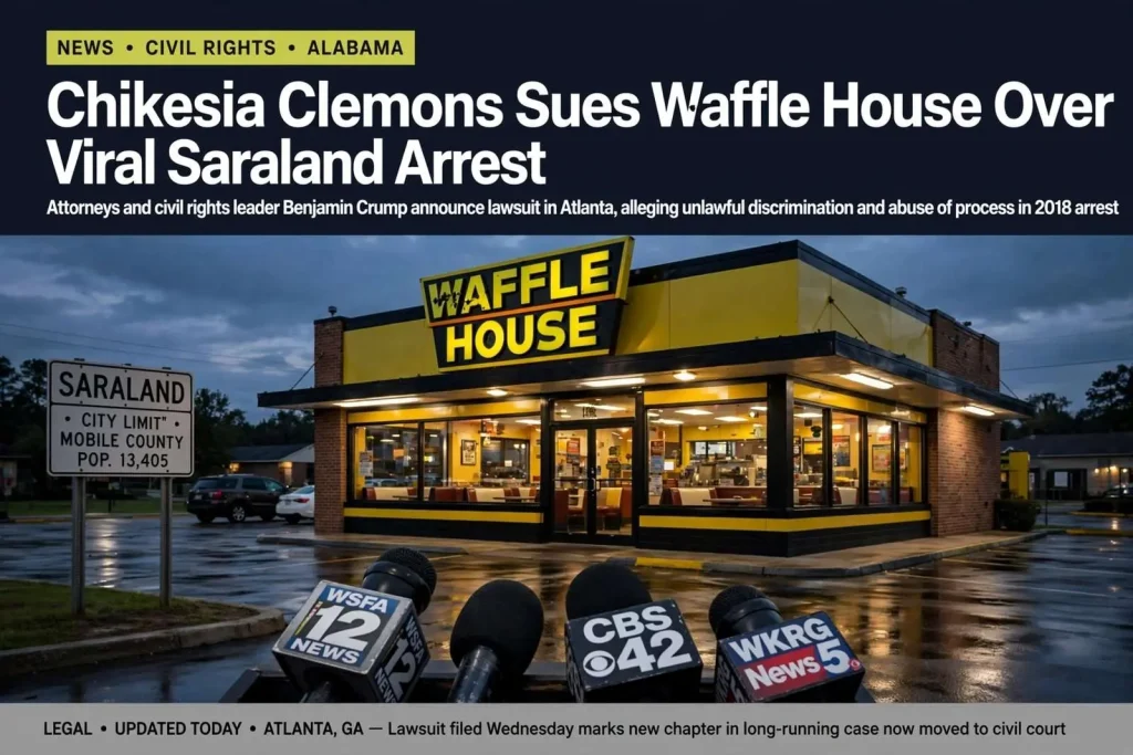 Illustration for the news story: Chikesia Clemons Sues Waffle House Over Viral Saraland Arrest