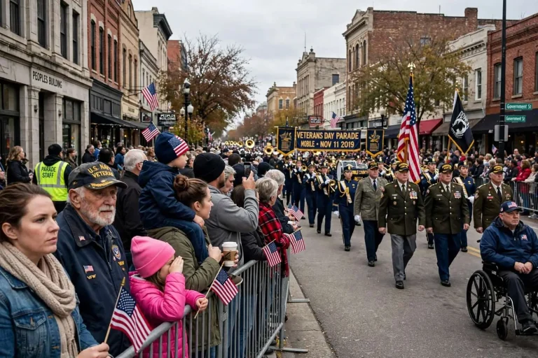 Illustration for the news story: Crowds Line Downtown Mobile Streets for Veterans Day Parade