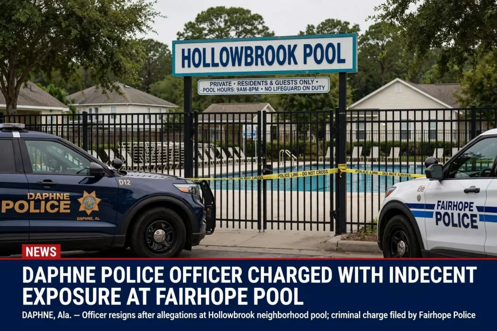 Illustration for the news story: Daphne police officer charged with indecent exposure at Fairhope pool