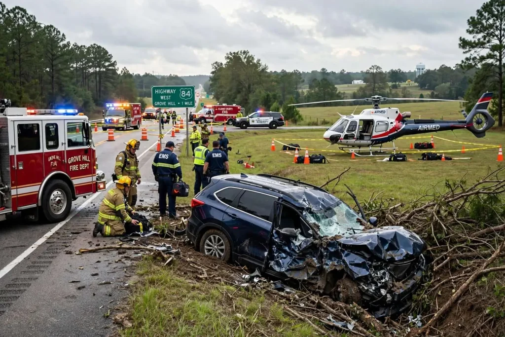 Illustration for the news story: Driver flown to hospital after single-vehicle crash in Grove Hill