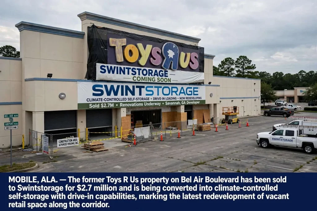 Illustration for the news story: Former Mobile Toys R Us property sold to self-storage developer